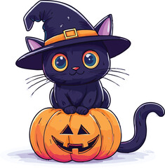 Cute Halloween Black Cat with Witch Hat Sitting on Pumpkin, Cartoon Vector Illustration
