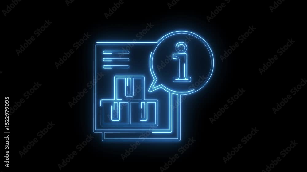 Poster blue neon animation showing information on order details and package shipping with glowing effect