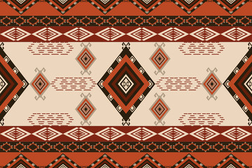 Warm seamless tribal pattern with Aztec-inspired diamond motifs in red and brown tones. Ideal for textile, rug design, wallpaper, and bohemian-themed decor projects.