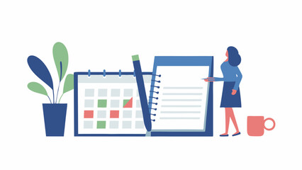 Visualizing project planning a woman strategically scheduling with goals using a pen calendar and flat clean