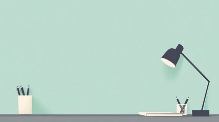 Simple desk scene with lamp and stationery.