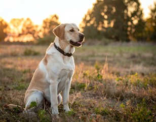 Golden Labrador Retriever sitting in a field at sunset.  Peaceful, serene dog portrait.