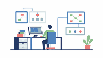 Charting Success A Data Analyst immersed in workflow diagrams analyzing growth metrics in clean vector