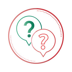 Question marks in dashed circular speech bubbles