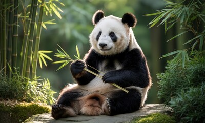 Obraz premium Giant panda eating bamboo in bamboo forest