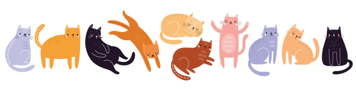 Cute kittens with floral elements. Childish characters with different emotions - joy, happiness and others. Vector illustration for your design.