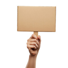 Hand holding a blank cardboard sign in a protest or announcement setting, transparent background, cutout PNG