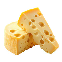 Two pieces of yellow cheese with holes stacked on each other isolated on a transparent background, cutout PNG