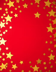 Shimmering gold stars scattered across a vibrant crimson backdrop., digital art. White tone
