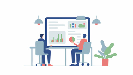 Collaborating analysts reviewing data charts on a shared screen sparking innovation in a modern office with