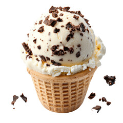 Fototapeta premium Delicious vanilla ice cream with chocolate flakes in a waffle cone, dessert treat, transparent background, cutout PNG