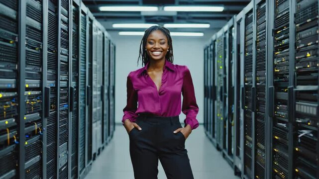 Smiling businesswoman in a server room - Powered by Adobe