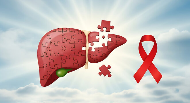 Conceptual liver health awareness with puzzle pieces and red ribbon health campaign World Hepatitis Day