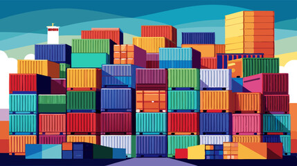 Fototapeta premium Colorful Shipping Containers Stacked at Port During Sunset – Logistic and Cargo Concept