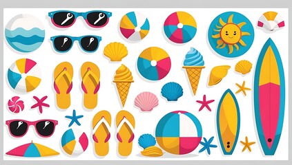 Vibrant Summer Beach Icons Sun, Sand, and Surf Collection