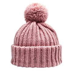 Pink knitted beanie with pom pom design suitable for winter season, transparent background, cutout PNG