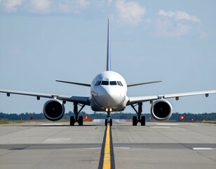 Naklejka premium Airplane taxiing on runway, front view. Perfect for travel, aviation, or transportation projects.