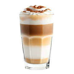 Creamy layered coffee drink in a clear glass with whipped topping and cinnamon, transparent background, cutout PNG