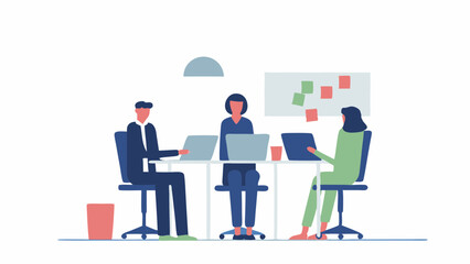 Brainstorming business team collaborating with laptops during project review with flat vector graphics on