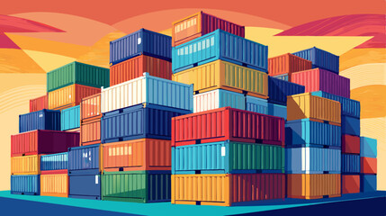 Fototapeta premium Colorful Shipping Containers Stacked at Port During Sunset – Logistic and Cargo Concept
