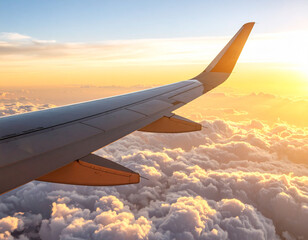 Obraz premium Airplane wing viewed above white clouds during golden hour with soft sunlight.