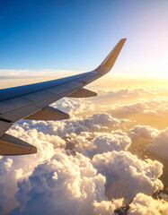 Obraz premium Airplane wing viewed above white clouds during golden hour with soft sunlight.
