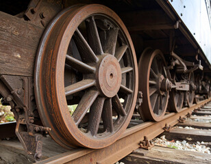 Close-up of a rusty train wheel on a weathered wooden track section with bolts.
