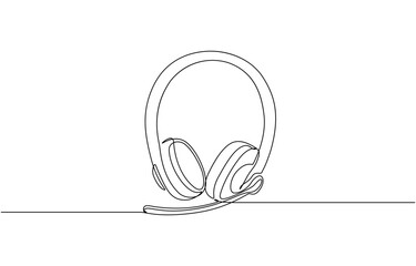Headphone with microphone. Line art call center vector illustration, Symbol of virtual assistance, gaming, and professional communication. Editable outline.