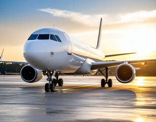 A sleek passenger airplane with clean lines is parked on an empty tarmac at dawn, ready for new journeys.