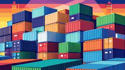 Colorful Shipping Containers Stacked at Port During Sunset – Logistic and Cargo Concept