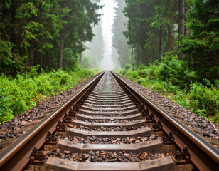 Fototapeta premium Rusty train tracks disappear into a misty forest, evoking mysterious journeys and unexplored natural landscapes.