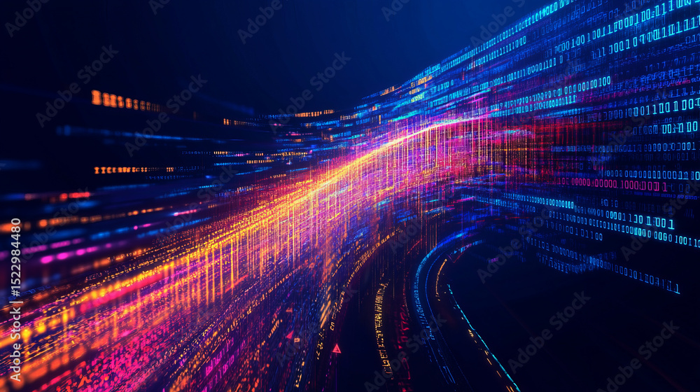 Poster abstract data flow with binary code and colorful glow on a dark blue background, an ai technology co