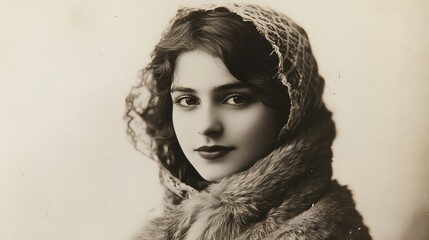 Vintage photograph of a beautiful young woman wearing a fur shawl and headscarf, facing the camera and looking at the viewer