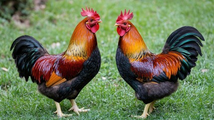 Two beautiful roosters, full-body shot, standing on the grass in an outdoor setting
