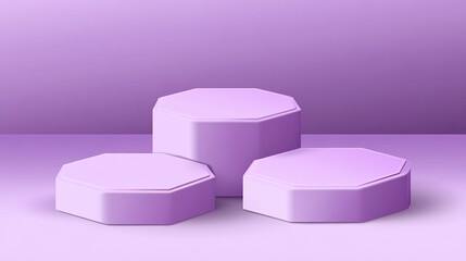 Three hexagonal podiums on a purple background, empty mockup space in the middle, with a violet color scheme