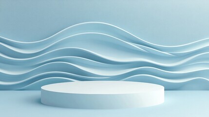 White podium or pedestal, blue wave background for product presentation