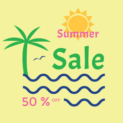 Summer sale banner. Sun, wavy, bird, text 50% off, palm. Poster for marketing, promo in online shopping. Vector illustration