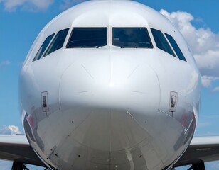 Front view of a white airplane against a blue sky. Perfect for travel, aviation, and transportation concepts.
