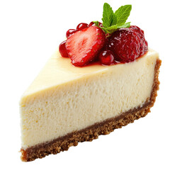 Creamy cheesecake slice topped with strawberries and raspberries on a graham cracker crust transparent background, cutout PNG