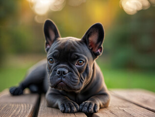 Cute French Bulldog puppy resting on a wooden bench — expressive face, sunset background