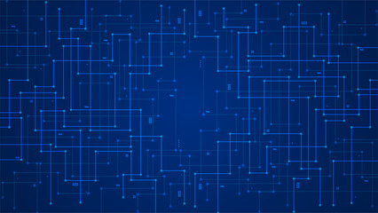 circuit board lines with dots and elements connecting, data transferring, modern technology background banner template in blue