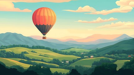 Fototapeta premium Colorful illustration of a hot air balloon over a picturesque valley landscape.