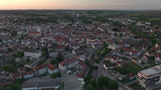 Bavarian Drone City fly over across Pfaffenhofen Ilm to see a typical and traditional city center