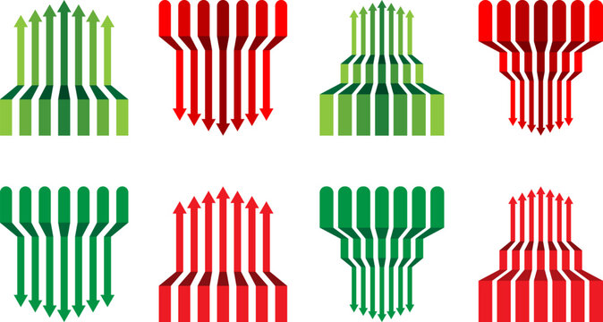 up and down trend arrow set in green and red colors for business, forex market bear, bull market, financial profit, money savings template