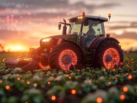 Futuristic Tractor in Field at Sunset with Glowing Lights, High-Tech Farming Concept