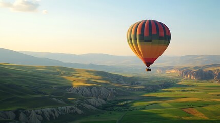 Fototapeta premium Colorful hot air balloon soaring over a valley of rolling hills.