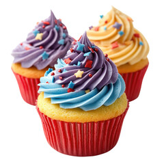 Colorful cupcakes with vibrant frosting and star sprinkles on a white background, transparent background, cutout PNG