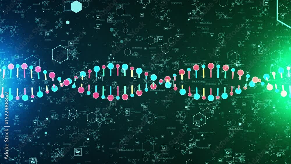 Poster animated dna strand with floating xenon elements and chemical formulas on dark green background