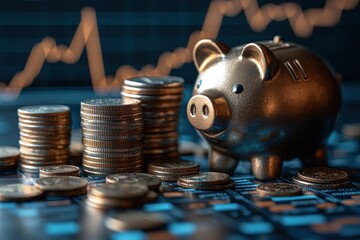 Piggy bank with coin stacks on a financial data background