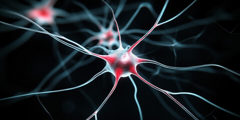 Close up view of nerve cells with red centers and white extensions on a black background image